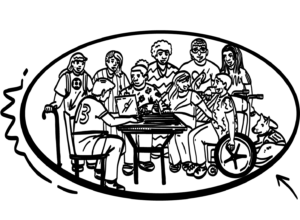 Drawing of young adults gathered around table